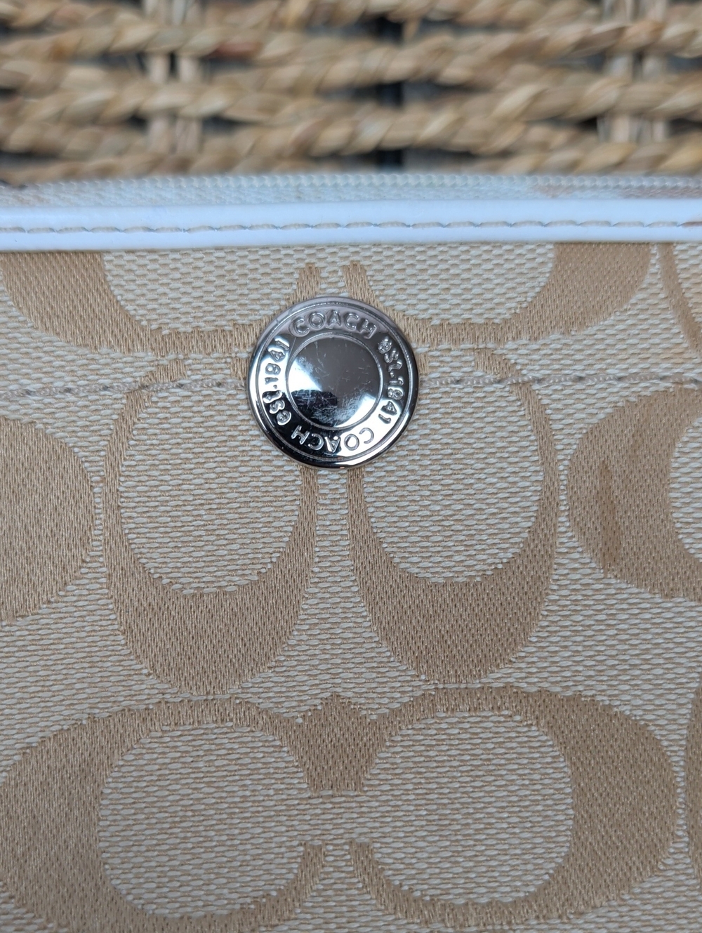 Coach Signature Canvas Zip Wallet in Beige and White - Picture 2 of 8